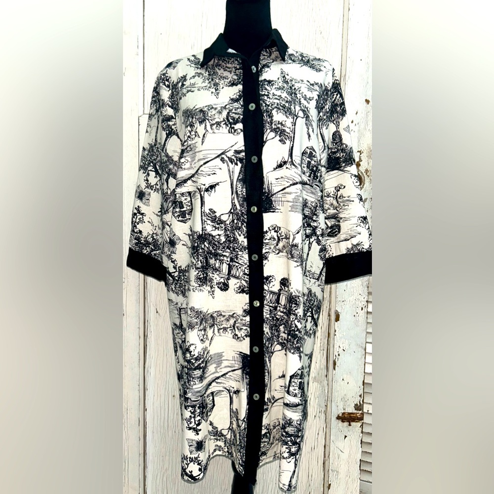 🖤SPIGHE DI LINO Italy Linen Blend Elbow Sleeve Toile
Print Mini Shirt Dress🖤 - Picture 2 of 9